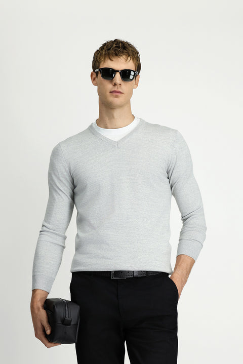 Light Grey Melange V-Neck Regular Fit Warm Wool Knit Sweater