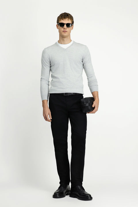 Light Grey Melange V-Neck Regular Fit Warm Wool Knit Sweater