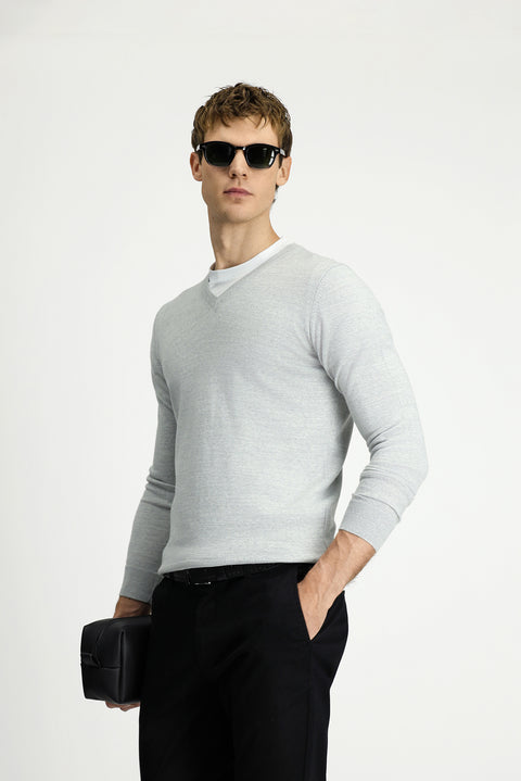 Light Grey Melange V-Neck Regular Fit Warm Wool Knit Sweater