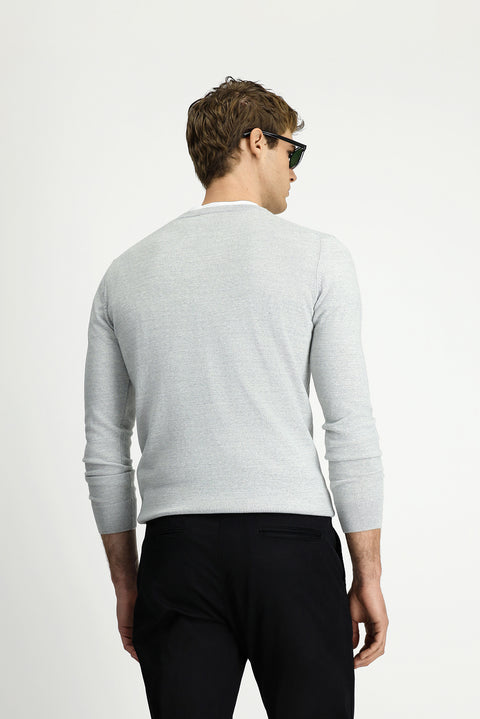 Light Grey Melange V-Neck Regular Fit Warm Wool Knit Sweater