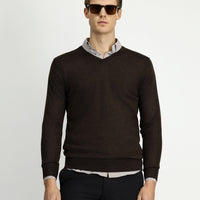 Dark Brown Melange V-Neck Regular Fit Warm Wool Knit Sweater