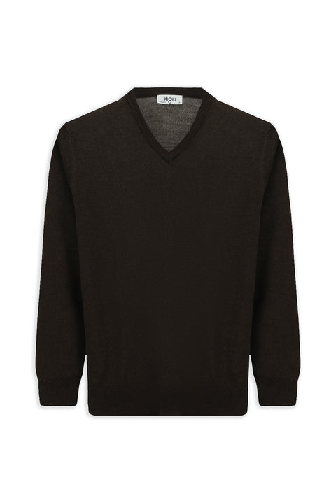 Dark Brown Melange V-Neck Regular Fit Warm Wool Knit Sweater