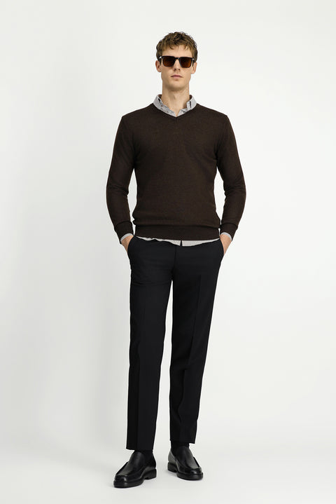 Dark Brown Melange V-Neck Regular Fit Warm Wool Knit Sweater