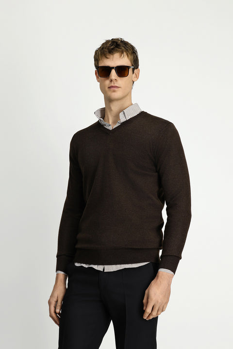 Dark Brown Melange V-Neck Regular Fit Warm Wool Knit Sweater