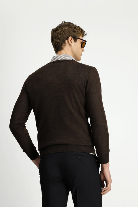 Dark Brown Melange V-Neck Regular Fit Warm Wool Knit Sweater