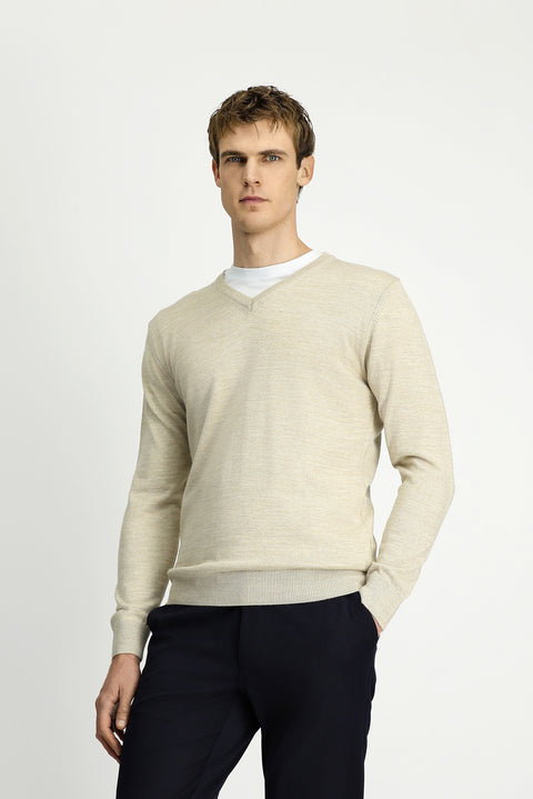 Light Beige V-Neck Regular Fit Warm Wool Knit Sweater