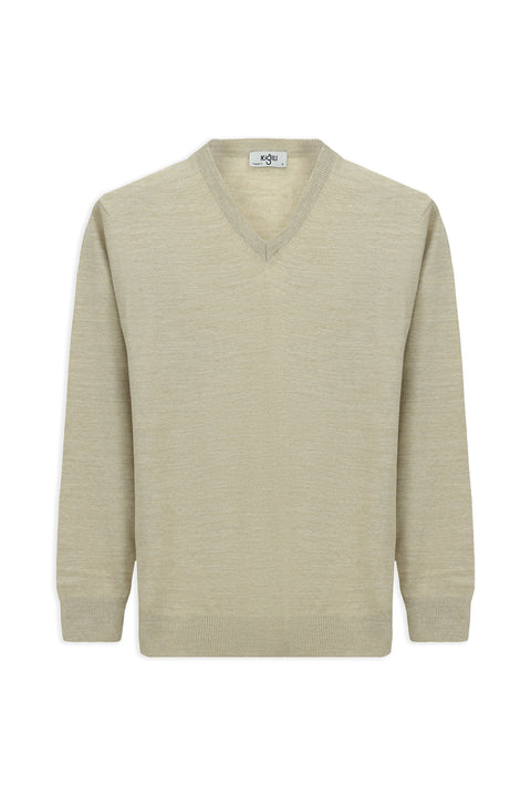 Light Beige V-Neck Regular Fit Warm Wool Knit Sweater