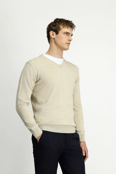 Light Beige V-Neck Regular Fit Warm Wool Knit Sweater