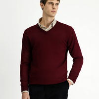 Dark Burgundy V-Neck Regular Fit Warm Wool Knit Sweater