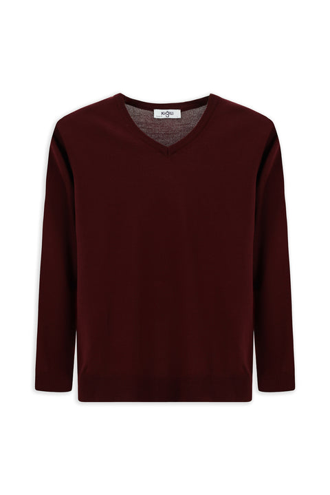 Dark Burgundy V-Neck Regular Fit Warm Wool Knit Sweater