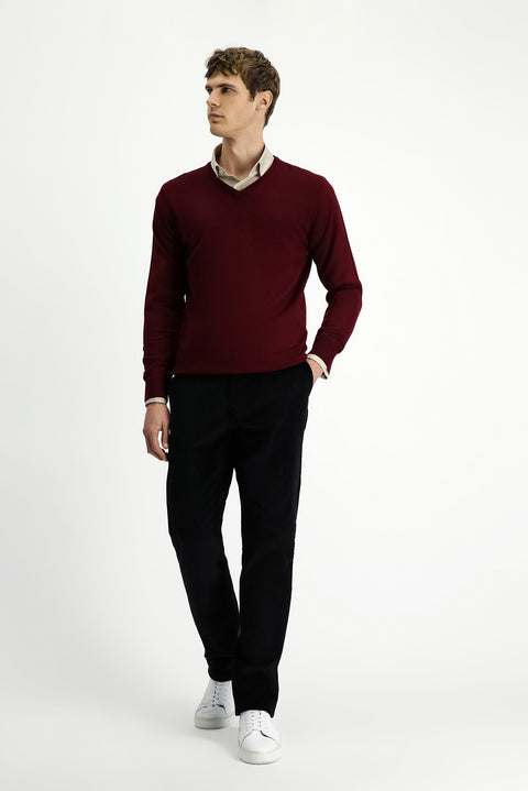 Dark Burgundy V-Neck Regular Fit Warm Wool Knit Sweater