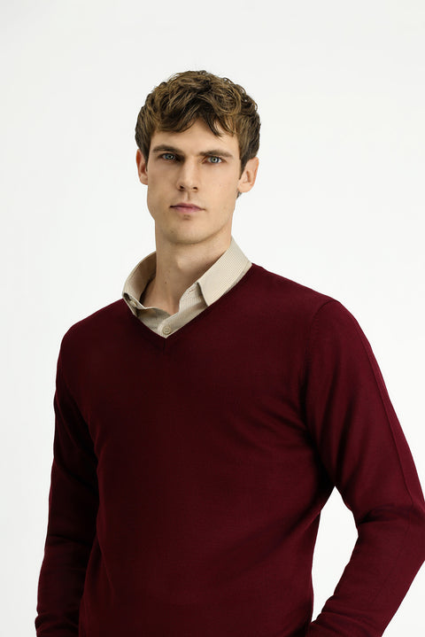 Dark Burgundy V-Neck Regular Fit Warm Wool Knit Sweater