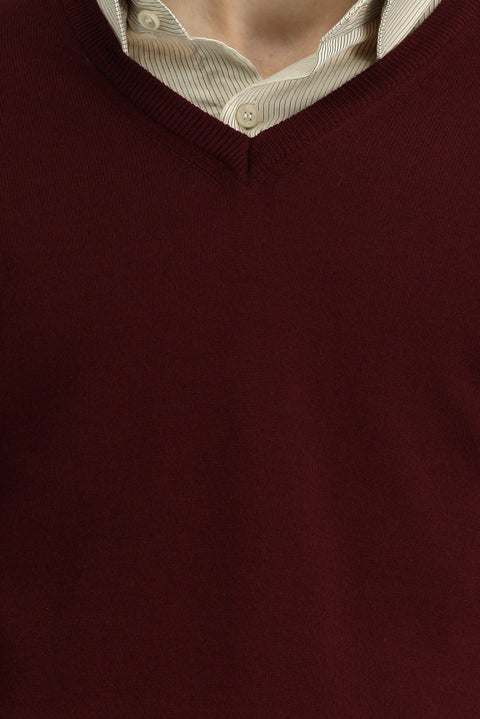 Dark Burgundy V-Neck Regular Fit Warm Wool Knit Sweater
