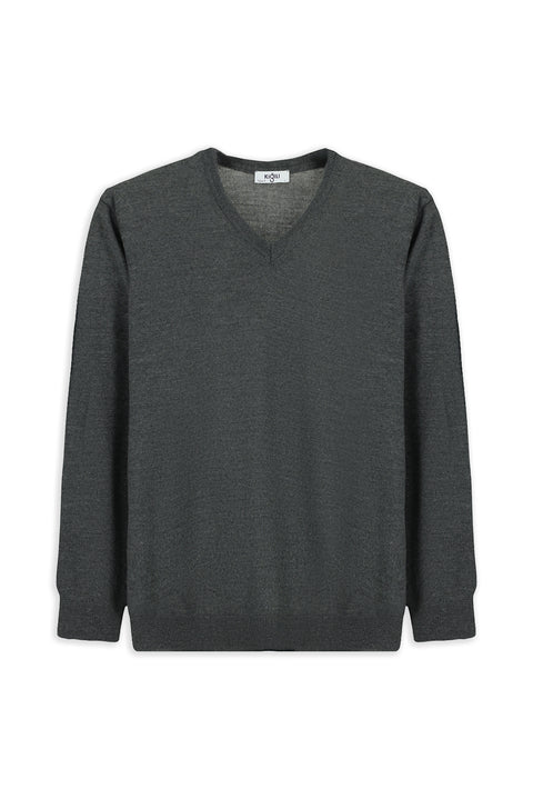 Medium Anthracite Melange V-Neck Regular Fit Warm Wool Knit Sweater