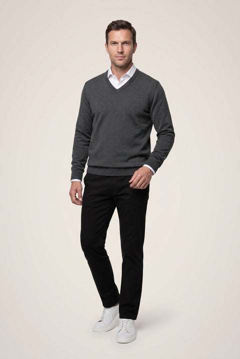 Medium Anthracite Melange V-Neck Regular Fit Warm Wool Knit Sweater