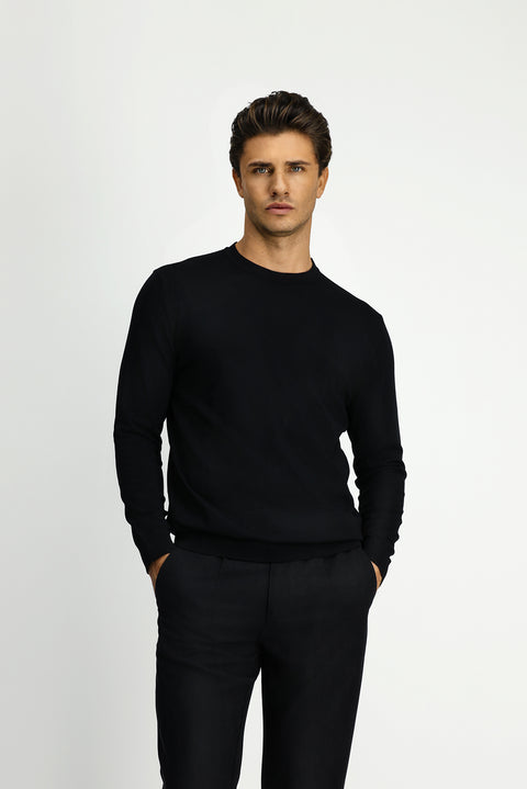 Siyah Bisiklet Yaka Regular Fit Triko Kazak