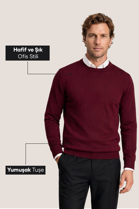 Dark Burgundy Crew Neck Regular Fit Knitted Sweater