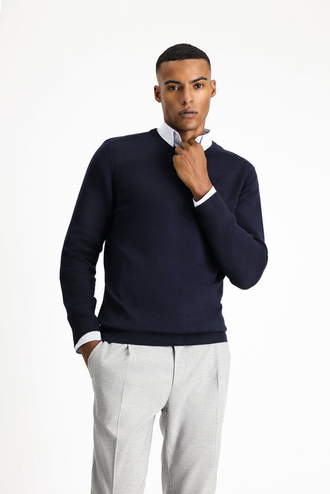 Dark Navy Crew Neck Regular Fit Cotton Knit Sweater