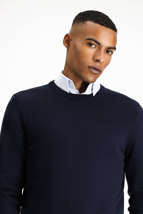 Dark Navy Crew Neck Regular Fit Cotton Knit Sweater