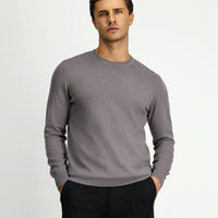 Medium Grey Melange Crew Neck Regular Fit Cotton Cashmere Knit Sweater