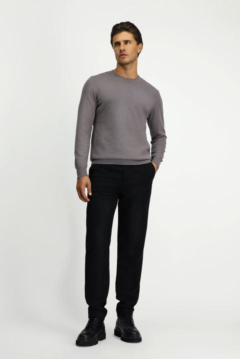 Medium Grey Melange Crew Neck Regular Fit Cotton Cashmere Knit Sweater