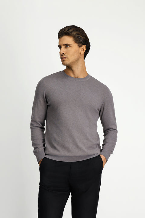 Medium Grey Melange Crew Neck Regular Fit Cotton Cashmere Knit Sweater