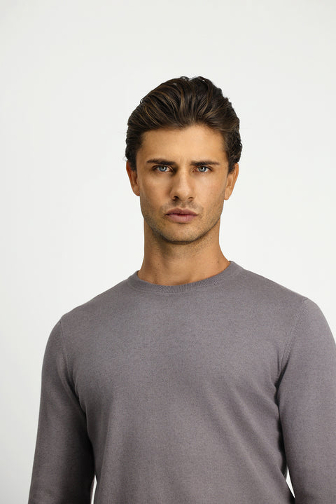 Medium Grey Melange Crew Neck Regular Fit Cotton Cashmere Knit Sweater