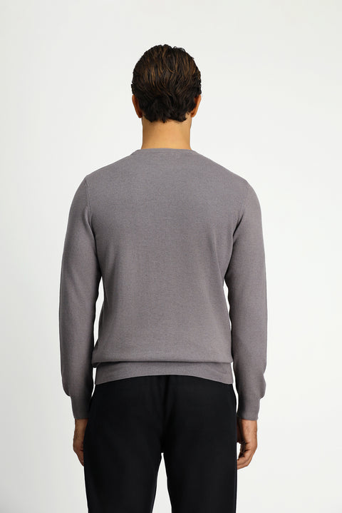 Medium Grey Melange Crew Neck Regular Fit Cotton Cashmere Knit Sweater