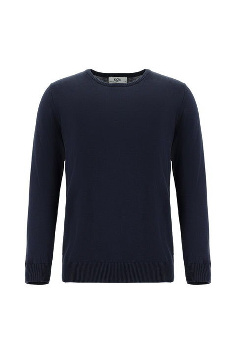 Dark Navy Crew Neck Regular Fit Cotton Cashmere Knit Sweater
