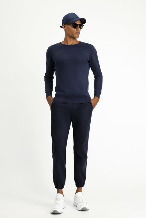 Dark Navy Crew Neck Regular Fit Cotton Cashmere Knit Sweater