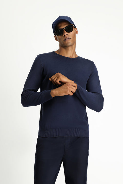 Dark Navy Crew Neck Regular Fit Cotton Cashmere Knit Sweater