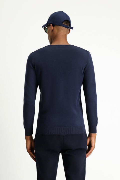 Dark Navy Crew Neck Regular Fit Cotton Cashmere Knit Sweater
