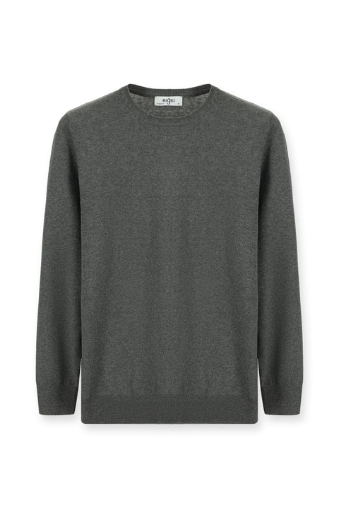 Medium Anthracite Melange Crew Neck Regular Fit Cotton Cashmere Knit Sweater