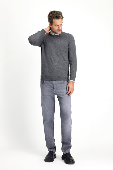 Medium Anthracite Melange Crew Neck Regular Fit Cotton Cashmere Knit Sweater