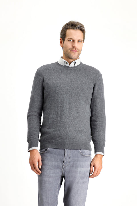 Medium Anthracite Melange Crew Neck Regular Fit Cotton Cashmere Knit Sweater