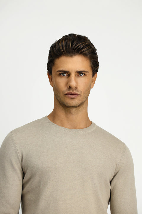 Medium Mink Crew Neck Regular Fit Cotton Cashmere Knit Sweater
