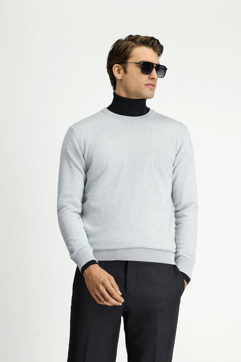 Light Grey Melange Crew Neck Regular Fit Wool Knitted Sweater