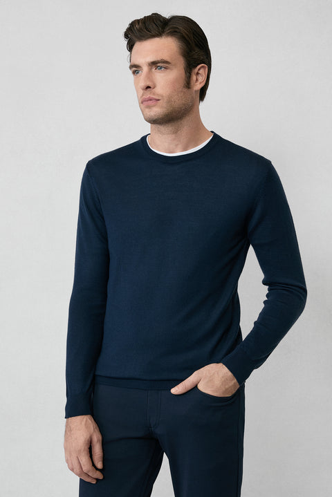 Dark Navy Crew Neck Regular Fit Wool Knitted Sweater