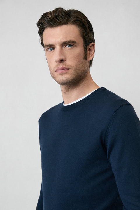 Dark Navy Crew Neck Regular Fit Wool Knitted Sweater