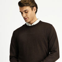 Dark Brown Melange Crew Neck Regular Fit Wool Knitted Sweater