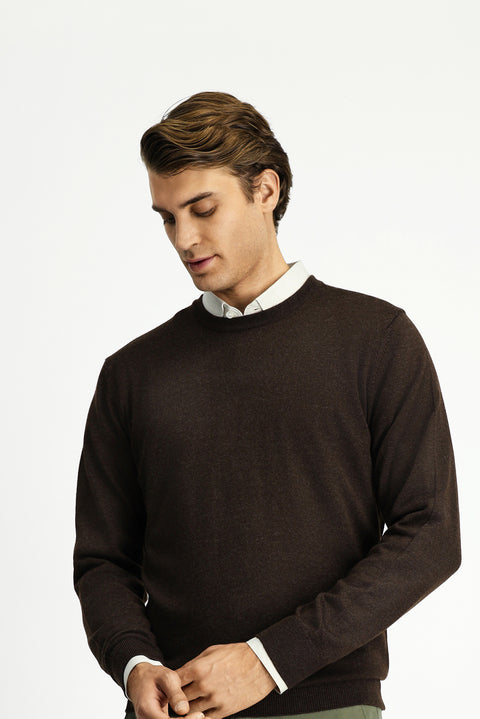 Dark Brown Melange Crew Neck Regular Fit Wool Knitted Sweater
