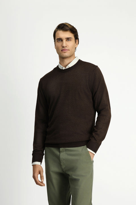 Dark Brown Melange Crew Neck Regular Fit Wool Knitted Sweater