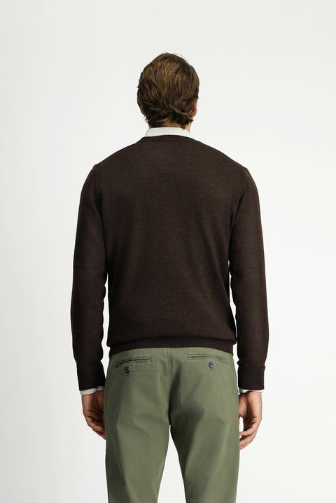 Dark Brown Melange Crew Neck Regular Fit Wool Knitted Sweater