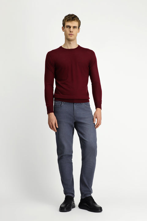 Dark Burgundy Crew Neck Regular Fit Wool Knitted Sweater