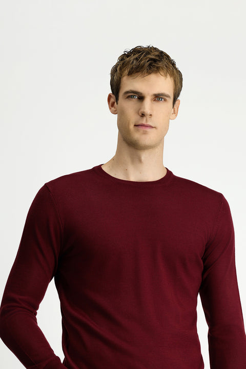Dark Burgundy Crew Neck Regular Fit Wool Knitted Sweater