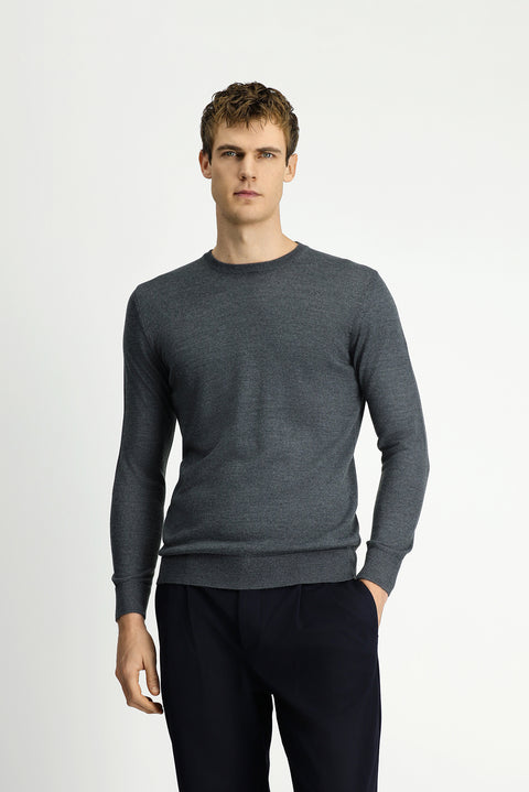 Medium Anthracite Melange Crew Neck Regular Fit Wool Knitted Sweater