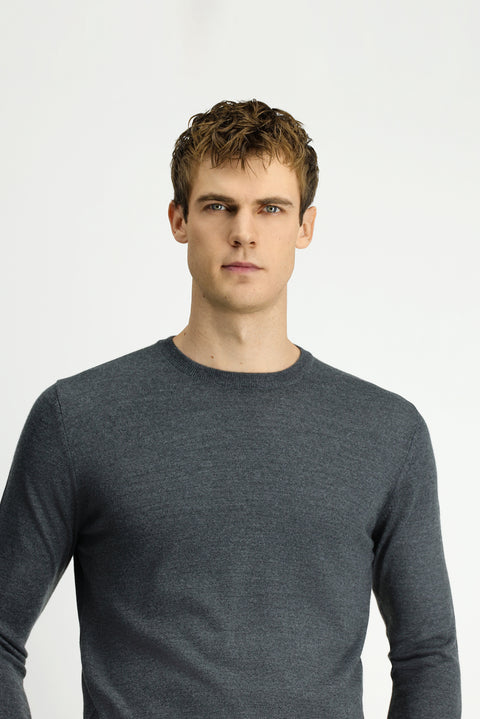 Medium Anthracite Melange Crew Neck Regular Fit Wool Knitted Sweater