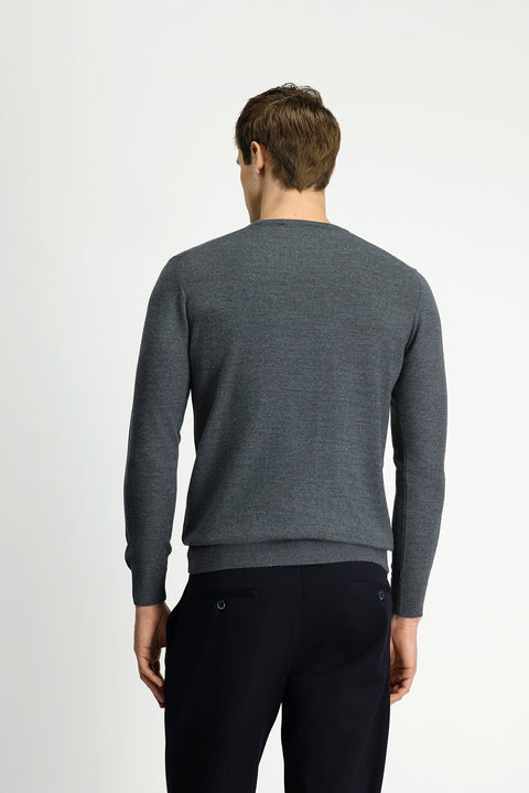 Medium Anthracite Melange Crew Neck Regular Fit Wool Knitted Sweater