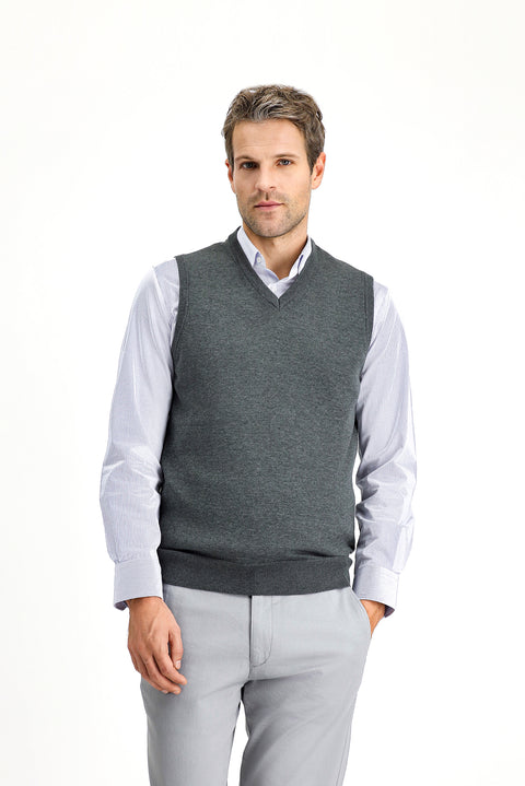 Dark Anthracite Melange V-Neck Cotton Knit Sweater