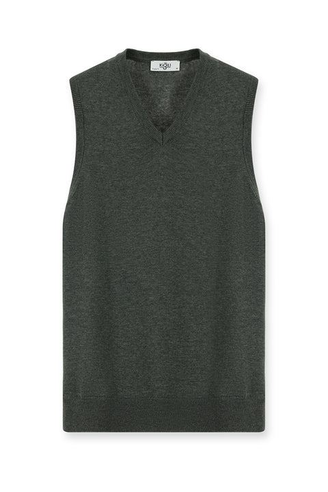Dark Anthracite Melange V-Neck Cotton Knit Sweater